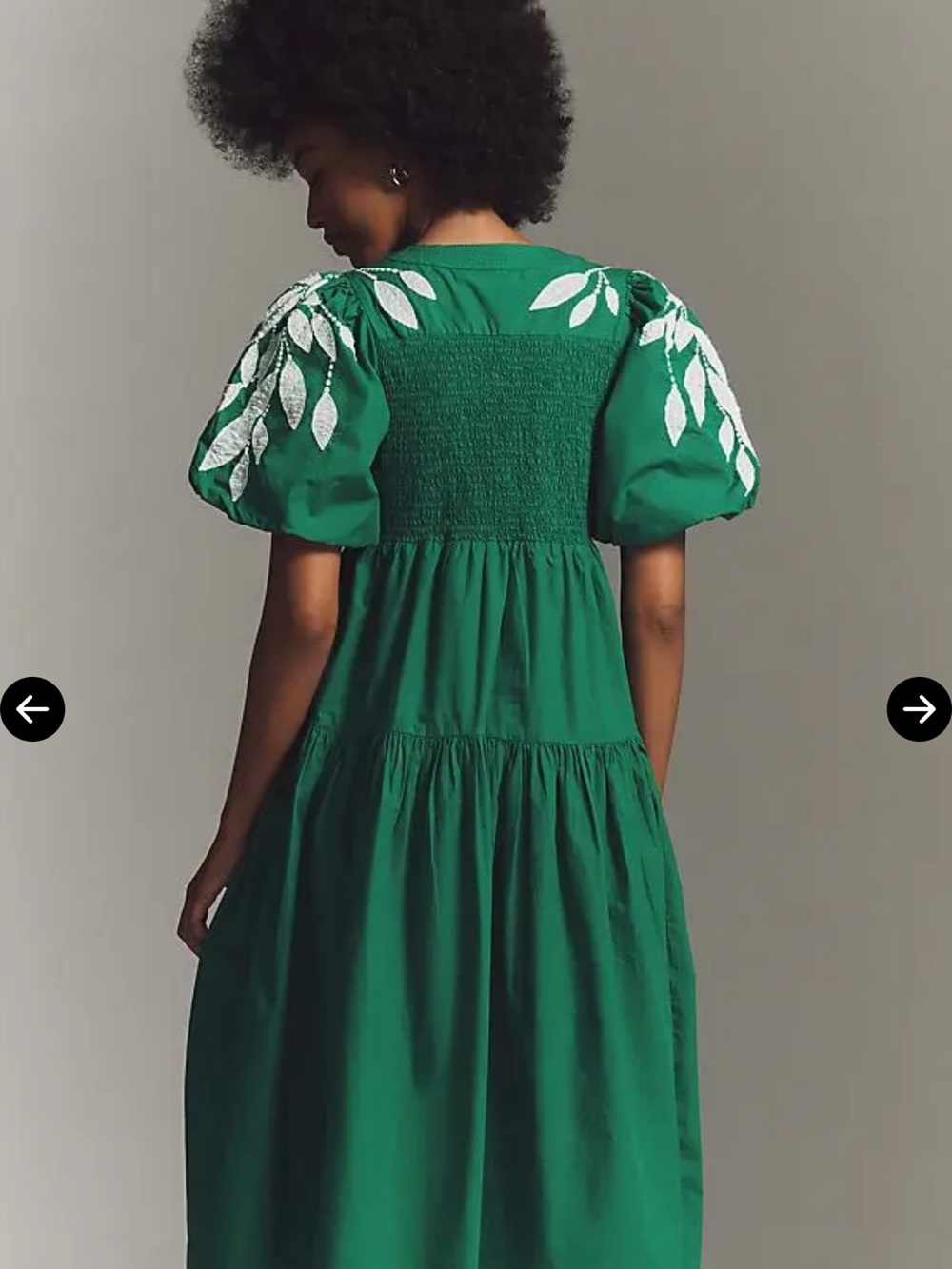 Anthropologie Shirt-Sleeve Applique Embroidered Green Puff-Sleeve Midi Dress - Picture 3 of 4